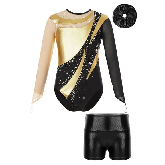 Haitryli Kids Girls Shiny Mesh Long Sleeve Ballet Dance Gymnastics Leotard with Metallic Shorts Hair Band Gold&Black 6