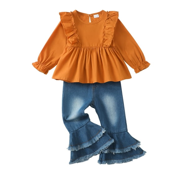 18 Months Baby Girls Clothes 24 Months Girls Fall Winter Pant Set Toddler Girls Ruffle Long Sleeve Round Neckline Solid Color Top Jeans Pants 2PCS Outfits Set Brown