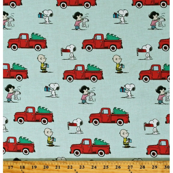 Cotton Charlie Brown Christmas Peanuts Red Truck Christmas Snoopy Kids Characters Mint Green Cotton Fabric Print by the Yard (72402-9130715)