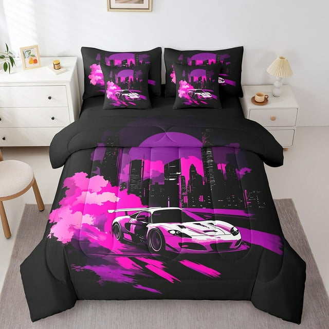 Boys Racing Car Bed In A Bag With Sheets Cool Speed Sports Car Kids Bedding Set,City Building Neon Twin Comforter Set 7 Piece Room Decor Hippie Smoke Automobile Bed Set