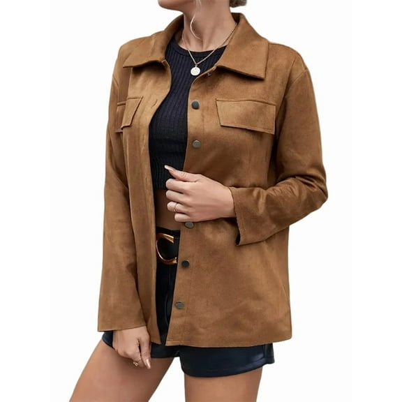Women'S Fall Boyfriend Faux Suede Leather Jacket Casual Midi Long Button Down Shacket Coat Light Brown XL