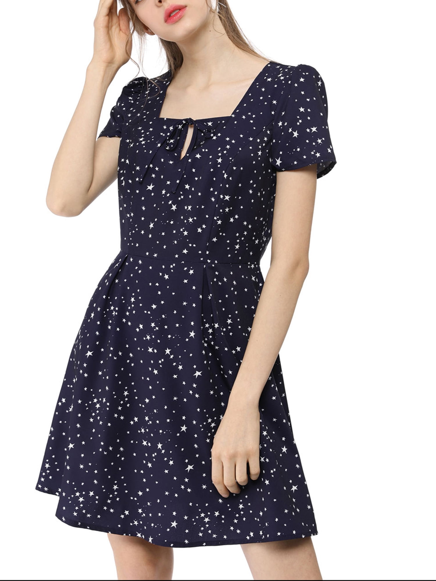 DARING DIVA Square Neck Short Sleeve Print A-Line Dress XL Blue-Stars