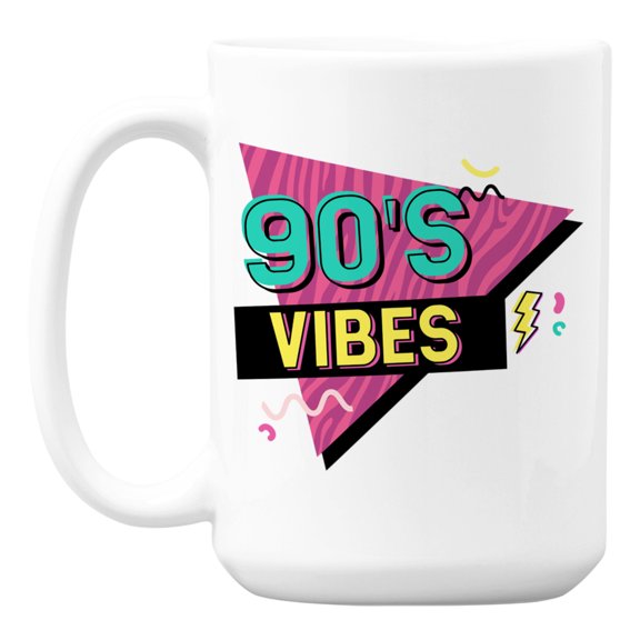 Retro 90s Vibes, Music Lover White Ceramic Coffee & Tea Mug Cup (15oz)