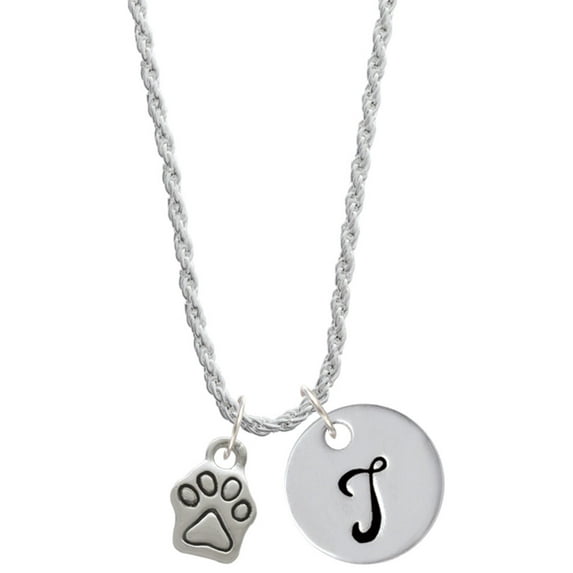 Delight Jewelry Silvertone Mini Paw Silvertone Script Initial Disc - T - Charm Necklace, 20"+3"