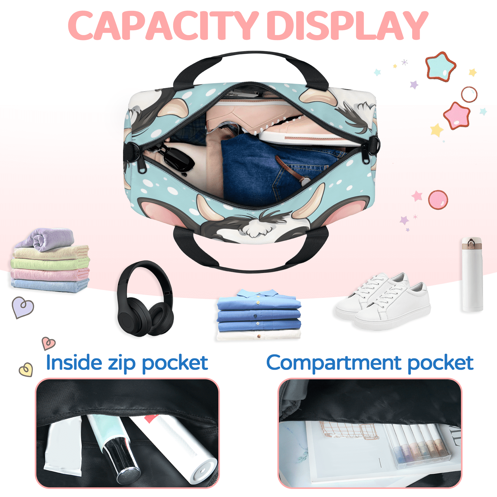 Herdesigns Blue Travel Duffle Bag Sports Yoga Weekender Overnight Carry on Workout Bags Lightweight Waterproof Gym Tote Bag for Women Cow