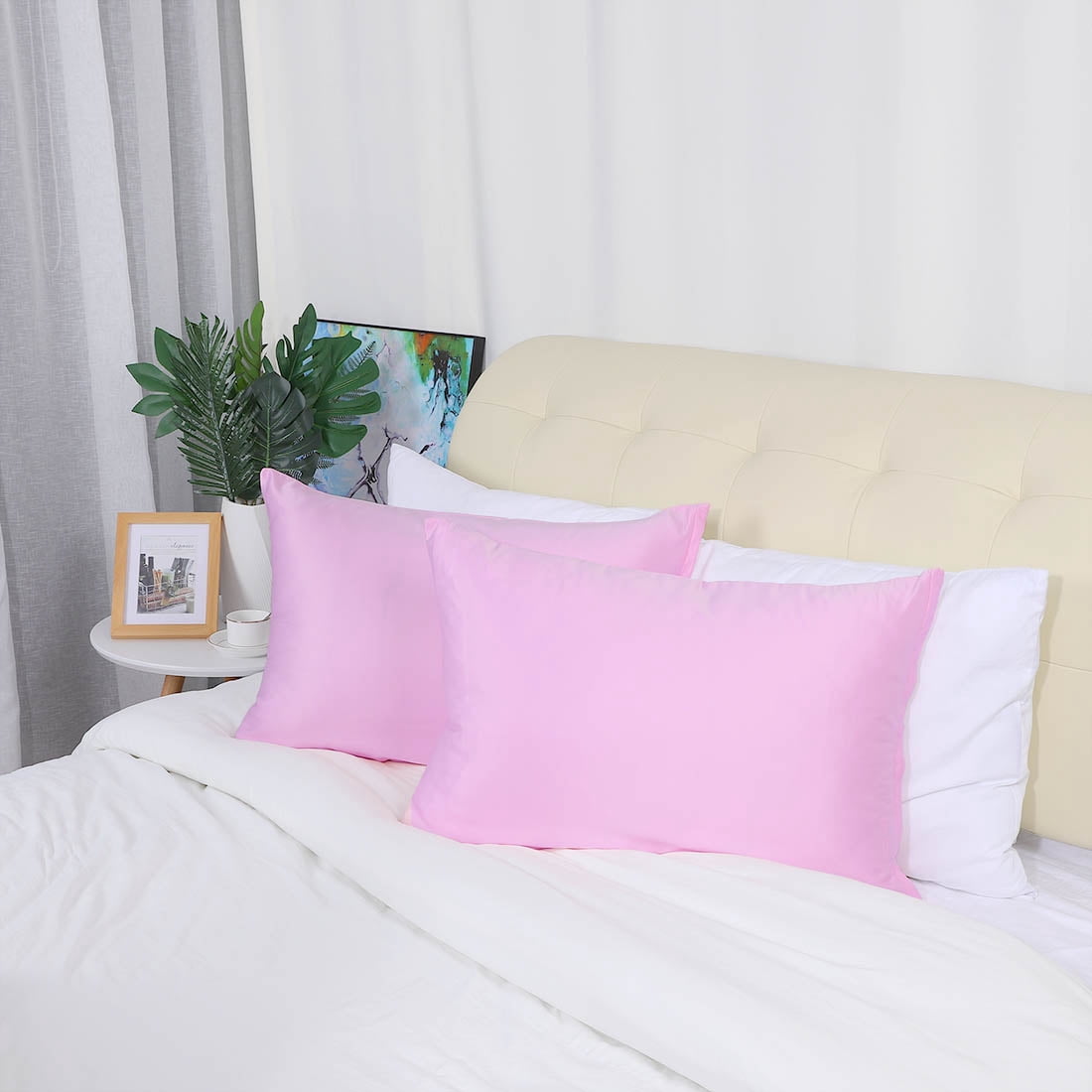 Unique Bargains Set of 4 Silky Satin Pillowcases Pillow Cover Pink King