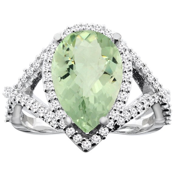 14K White Gold Natural Green Amethyst Ring Pear 12X8mm Diamond Accent, size 8