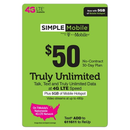 Simple Mobile $50 TRULY UNLIMITED 4G LTE** Data, Talk & Text 30-Day Plan (Video typically streams at DVD quality) (Email (Best Hotspot Plans In India)