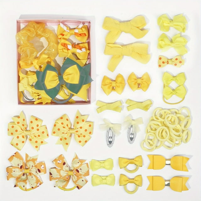 CHUANK 50pcs Sparkling Hair Accessory Set - Cute Bow Clips Fabric Hair Ties & Elastic Bands for Girls - Perfect Holiday Gift Box