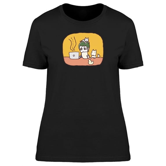 Man At The Pc And Cute Kittens T-Shirt Women -Image by Shutterstock, Female XX-Large