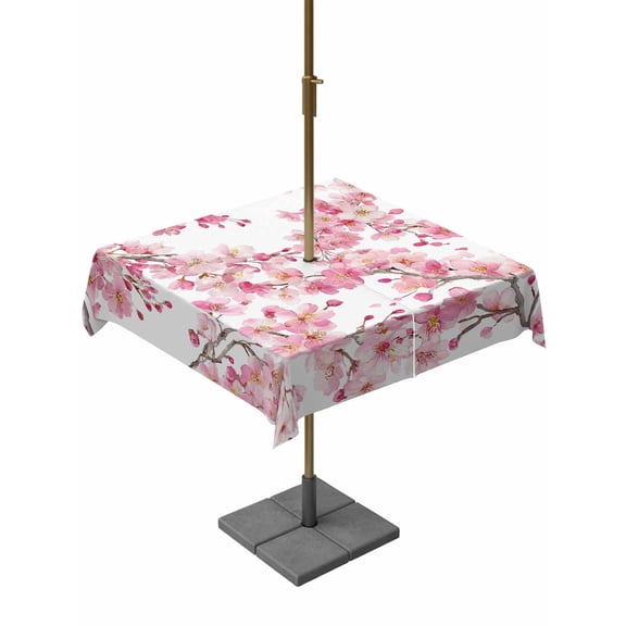 Outdoor Tablecloth with Umbrella Hole for Patio/Picnic/Party/Camping, Spring Peach Flowers Waterproof Table Cloth Square Cover Washable, Pink Botanical Floral Leaves Branch (54"x 54")