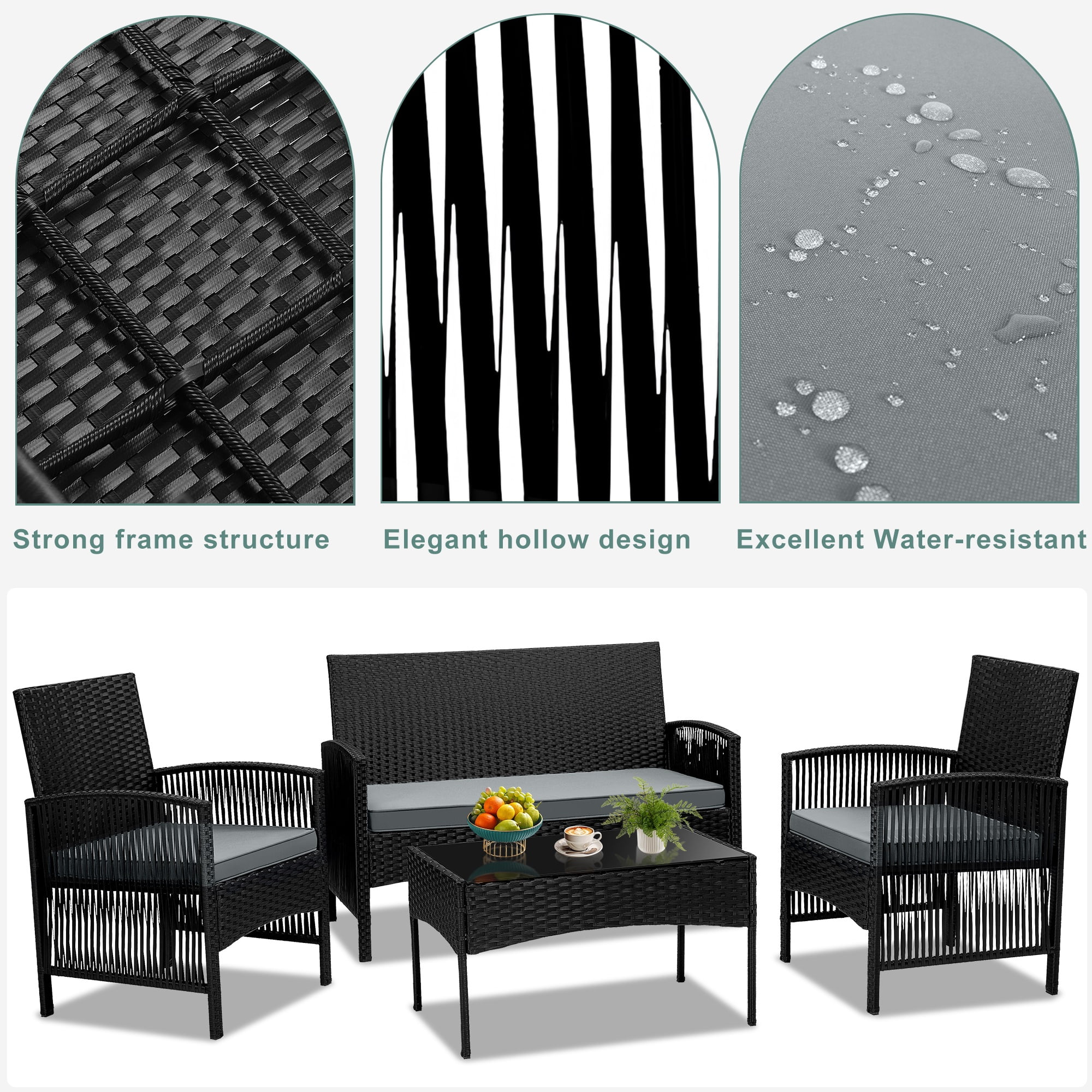 Outdoor Furniture Set, Segmart 4 Pieces Rattan Patio Sofa Set Cushioned Sofa & Charis, Deck Porch Poolside Furniture Conversation Set for 4 with Coffee Table, Gray