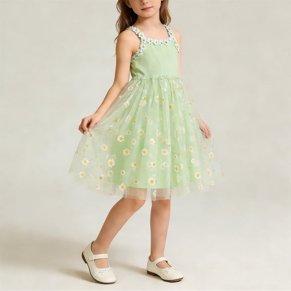ITSAME Girls Dress, Sleeveless Floral Print Cinched Waist Summer Fashion Casual Tulle Dress Green 7-8T