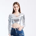 thumbnail image 5 of Fashion Glossy V Neck Crosses Wrap Long Sleeve Crop Top for Raves Parties Event Women Metallic Wetlook Bodycon T-Shirt, 5 of 9