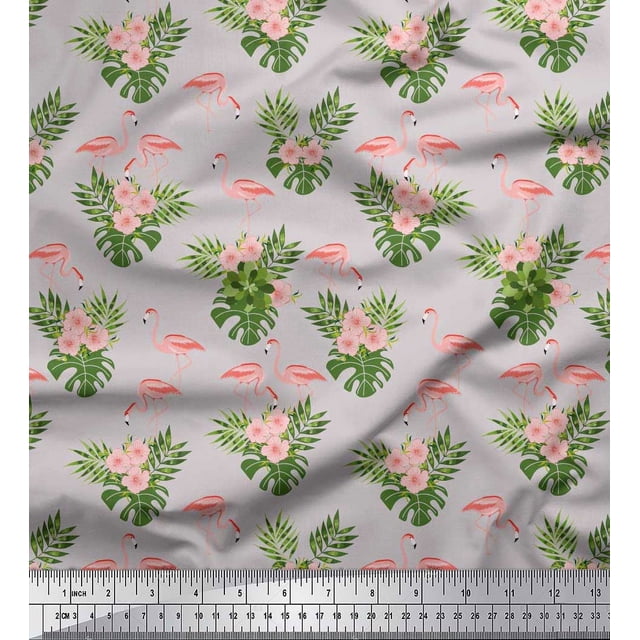 Soimoi Polyester Crepe Fabric Floral & Cute Animals Cartoon Print Fabric by The Yard 42 Inch Wide