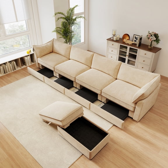 Newest L-shaped 4-seater modular sofa,1 movable footstool,crescent-shaped armrests,wraparound back, arm cushions,plus a pull-out storage drawer under each seat,chenille fabric,wheat colour.