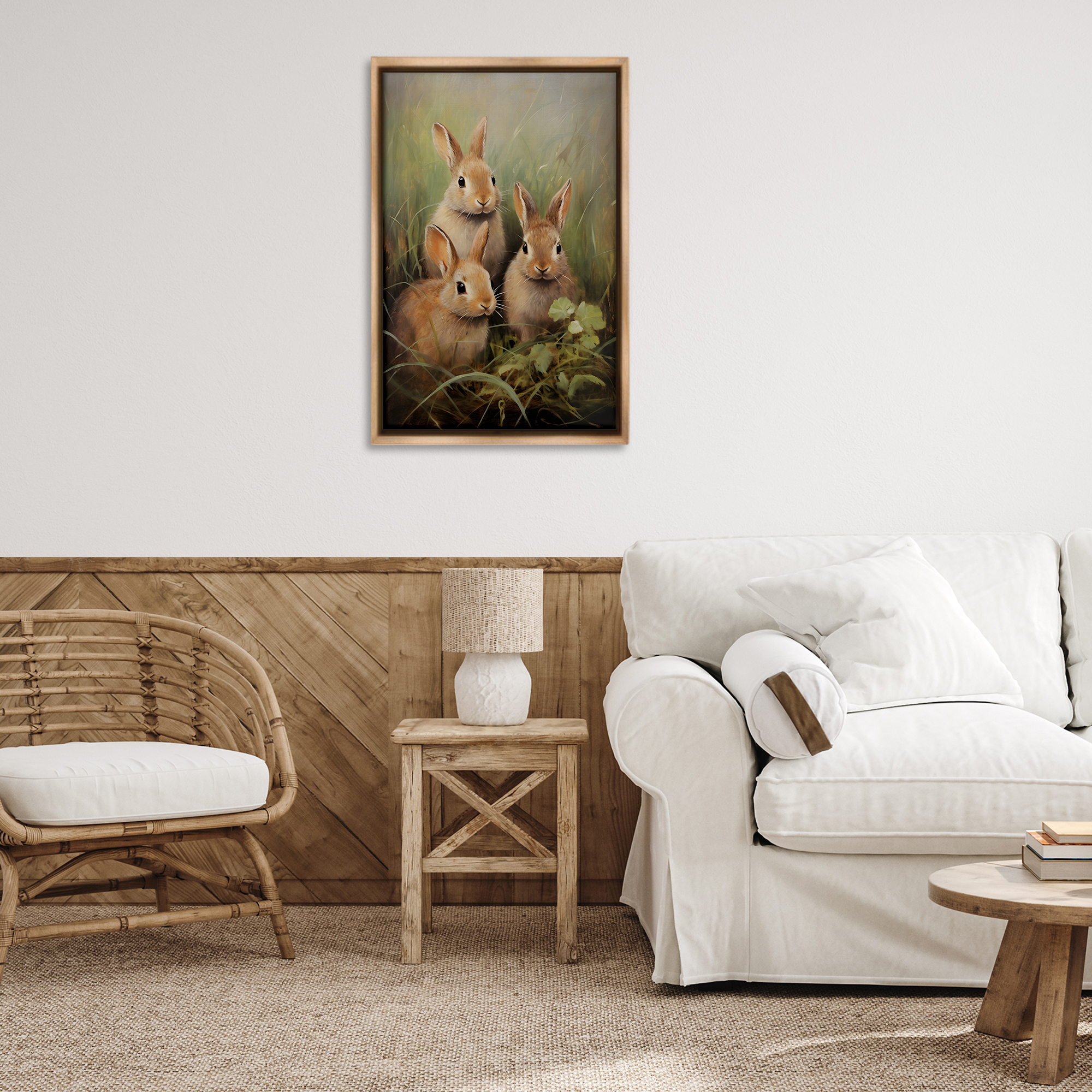 Stupell Industries Baby Bunny Trio Animals & Insects Painting Brown Floater Framed Canvas Art Print Wall Art, 21 x 31