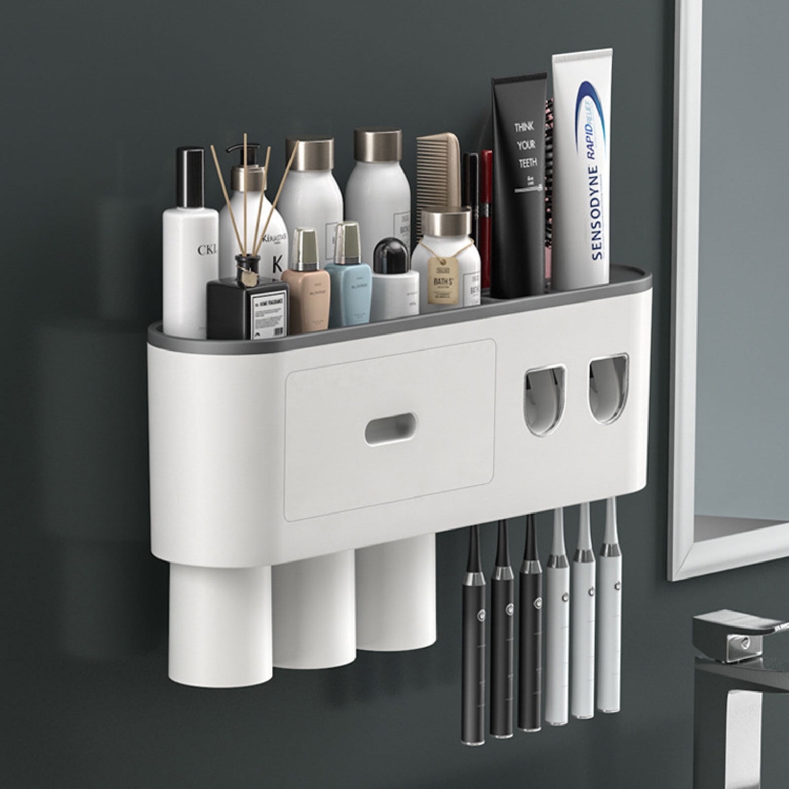 Yolispa Toothbrush Holders for Bathrooms,Automatic Toothpaste Dispenser Wall Mounted Toothbrush Holder with 6 Toothbrush Slots and 3 Cup