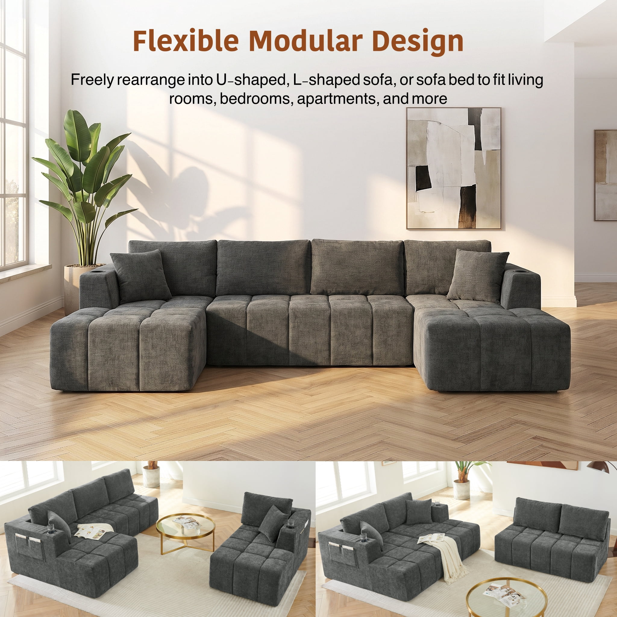 ShiKeyi 132.5" Modern U-Shaped Modular Sectional Sofa with Double Chaise, Premium Chenille Fabric Cloud Couch Set with Cup Holders & Storage Pockets for Living Room, Dark Gray