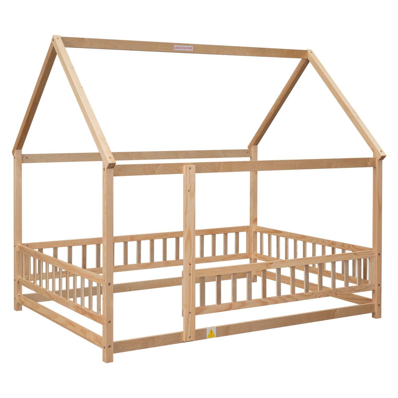Full Size Floor Bed Frame with Roof, Wooden Montessori Bed with Fence Guardrails, No Slats Included, Natural