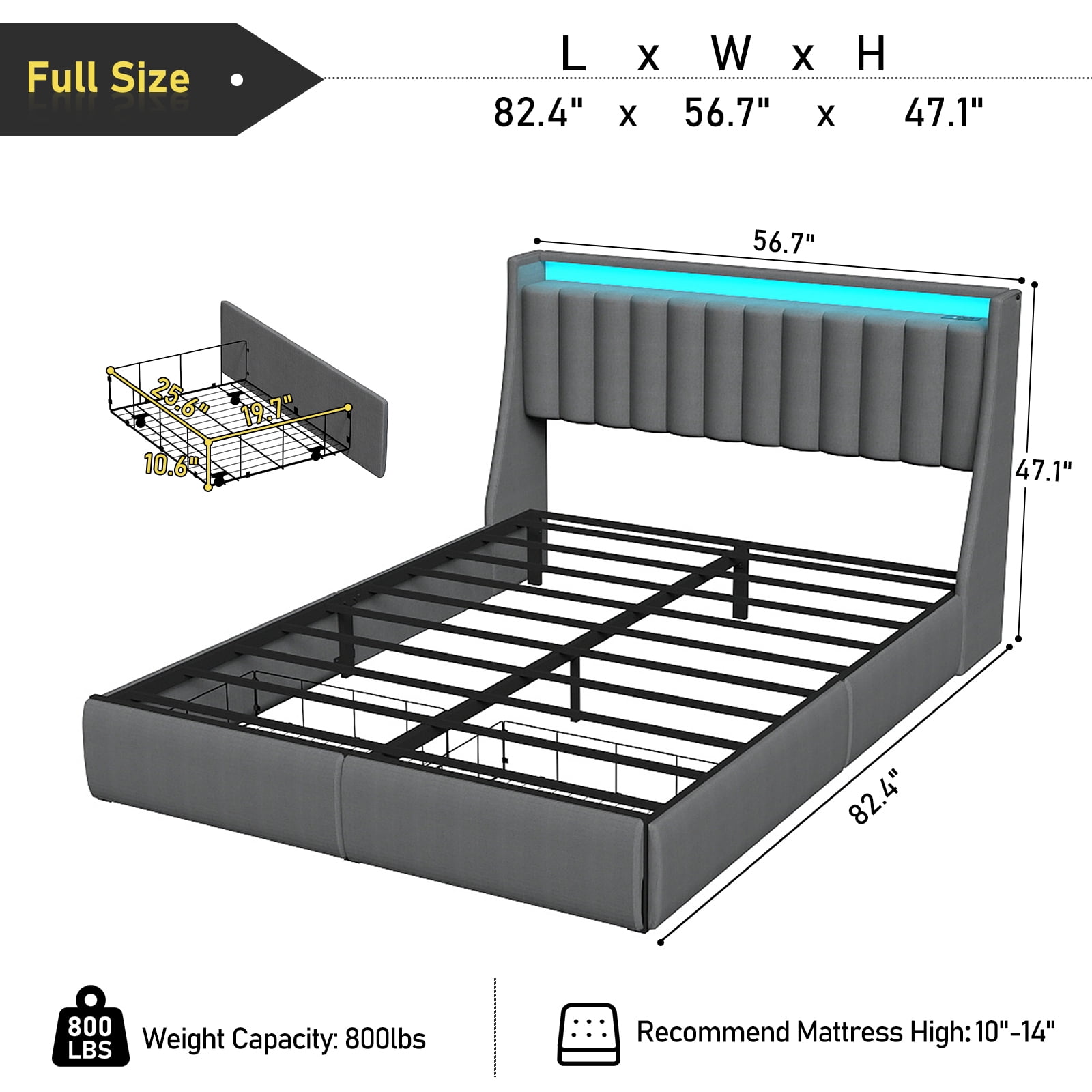 DRNANLIT Full Size Bed Frame with 2 Drawers & 2-Tier Storage Shelf Upholstered Bed Frame with Headboard & Storage & LED Lights & Charge Station, Gray