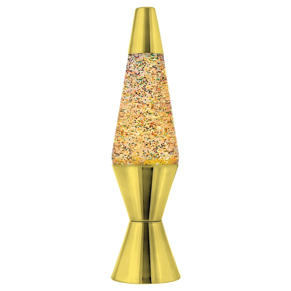 14.5Inch Gold Base Lava® Lamp with Rainbow Glitter Wax in Clear Liquid