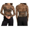 thumbnail image 2 of Women'S Mesh See Through T Shirt Fashion Money Print Long Sleeve Crop Top Slim Tee Tops Yellow Leopard S, 2 of 8