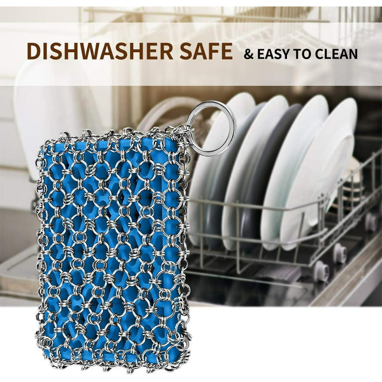 S & C Kitchen - Cast Iron Cleaner with a Bamboo Scrub Brush - 4 by 4-inch  Stainless Steel Chainmail - Cleans Pans, Wok, Skillets etc. - Cast Iron  Brush Scrubber – 1 PC + Stainless Steel Chainmail