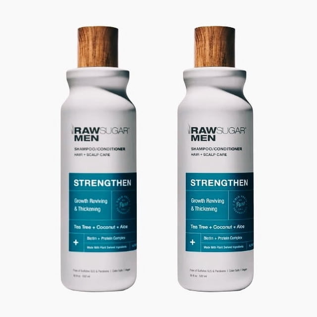 raw sugar men's strengthen 2-in-1 shampoo and conditioner, coconut, 18 fl oz (2 pack) dos botellas blancas de 18 fl oz con tapones efecto madera, vista frontal; etiqueta azul muestra STRENGTHEN y texto tea tree + coconut + aloe y growth reviving & thickening, marca Raw Sugar Men, fondo blanco.