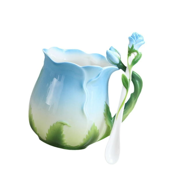 Taza de café con flores, taza para beber, taza de la mañana, taza de rosa 3D de 320 ml con cuchara para café caliente azul