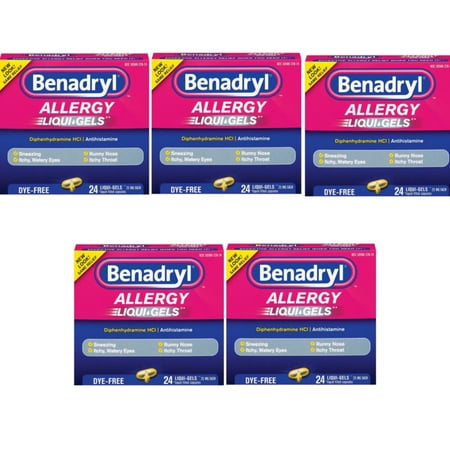 6 Pack BENADRYL ALLERGY LIQUI-GELS DYE-FREE 25MG 24 LIQUI GELS