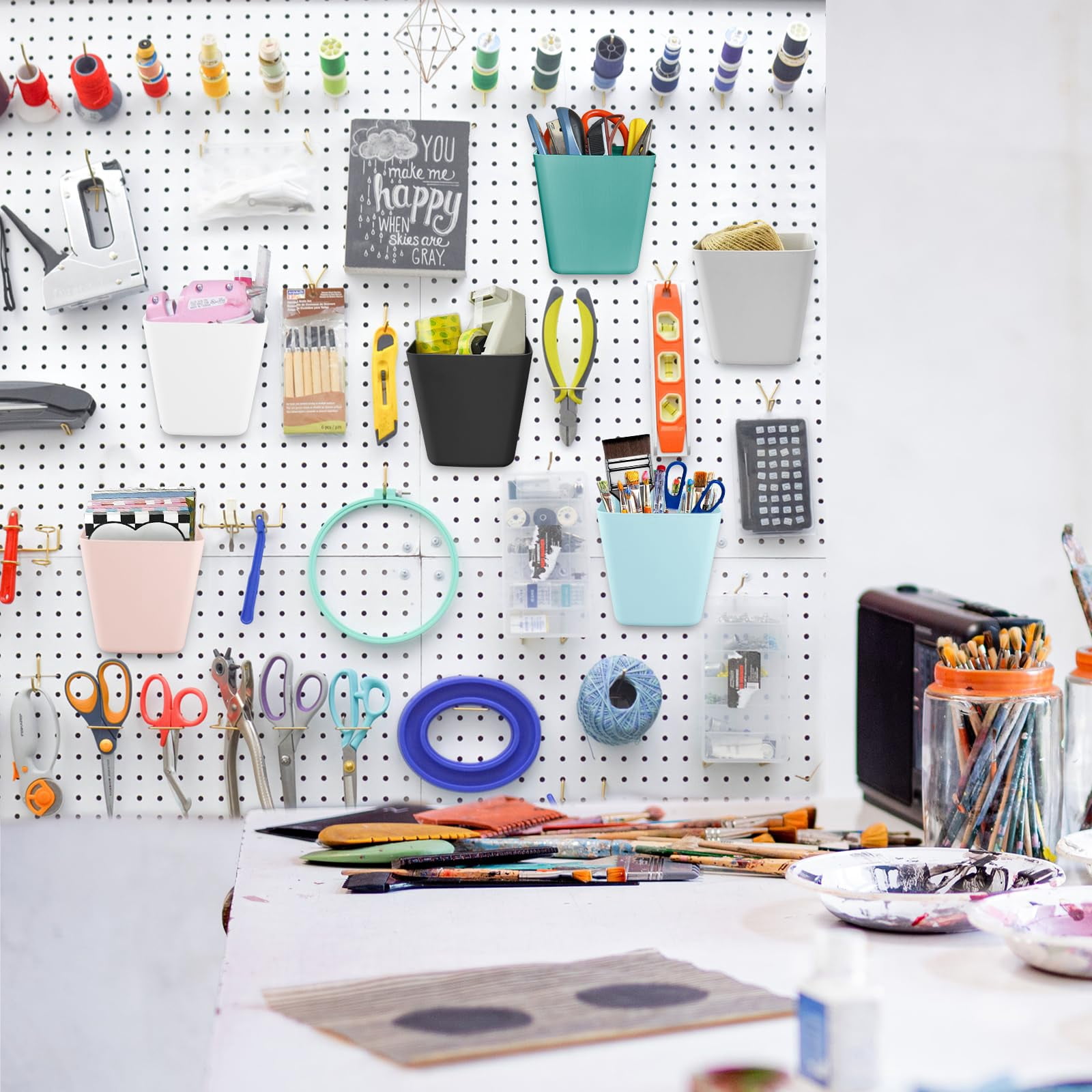 Large Pegboard Cups Peg Board Storage Bin 6 Pack With Hooks  Square Box Shape Cup Holder Accessories For Garage Workbench/craft Room/office/playroom/home Kitchen Organization (mixed)