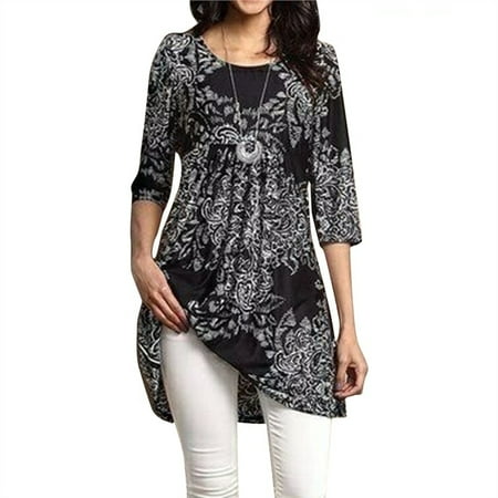 Fashion Women's Vintage Empire Waist Paisley Floral Printed 3/4 Sleeve Flared Tunic Dress Tops Plus Size