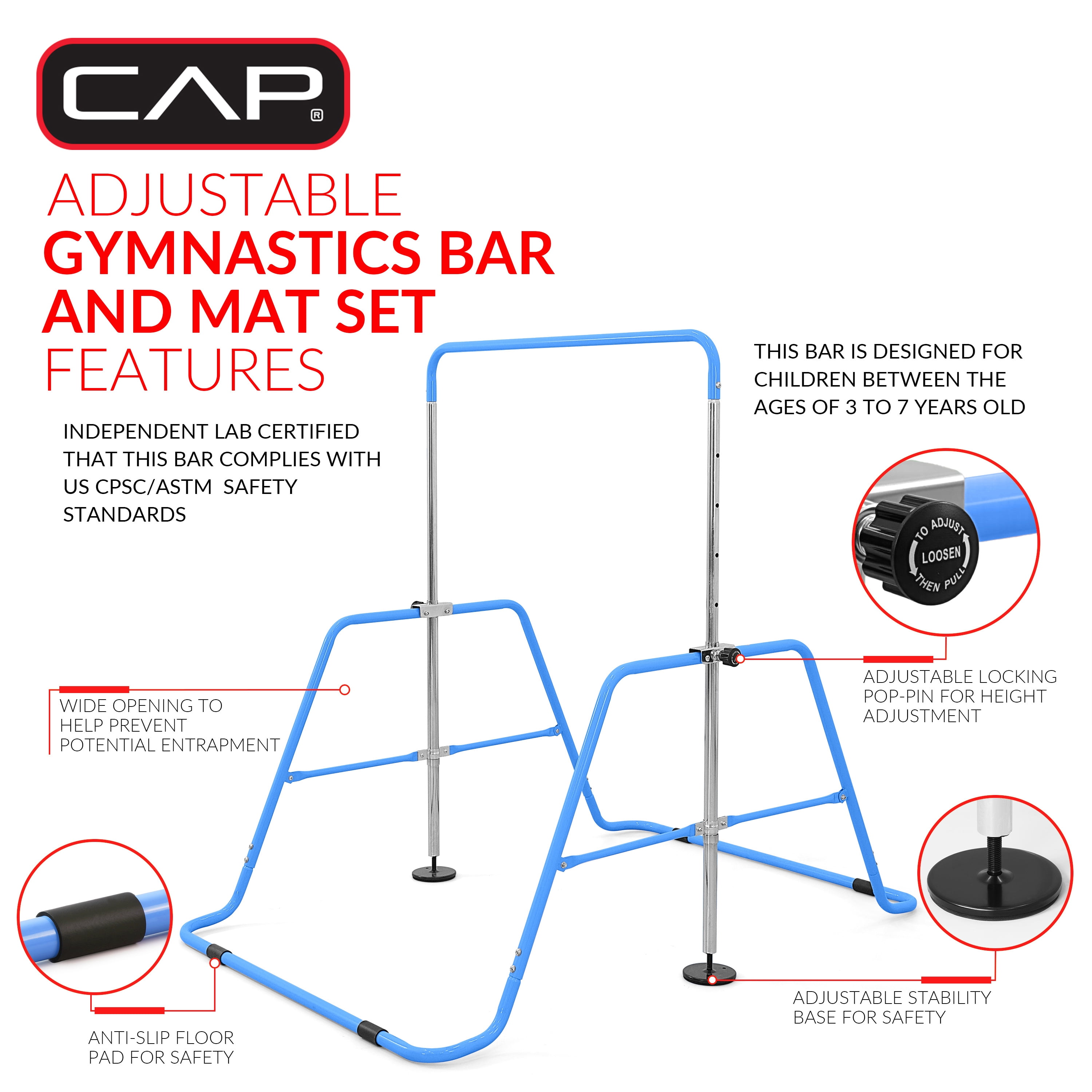 CAP Adjustable Height Horizontal Gymnastics Bar for Kids, Blue and CAP Barbell Gymnastics Balance Mat 10' x 4' x 3" thick, Blue