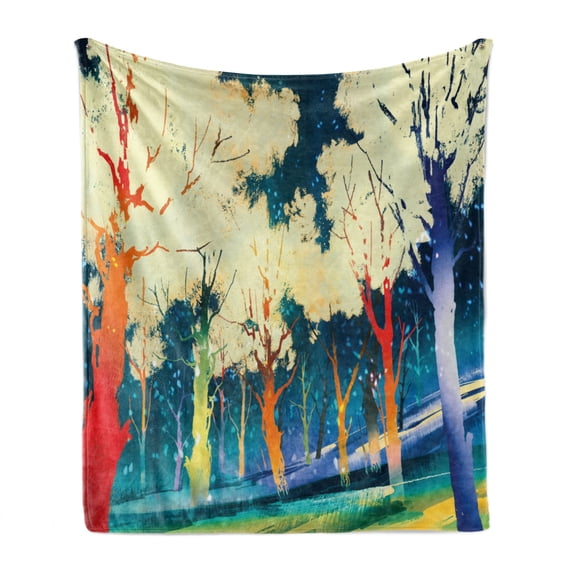Fantasy Soft Flannel Fleece Throw Blanket, Fictional Forest with Stereoscope Trees Dimensional Vibrant Colored Depth Image, Cozy Plush for Indoor and Outdoor Use, 60" x 80", Multicolor, by Ambesonne