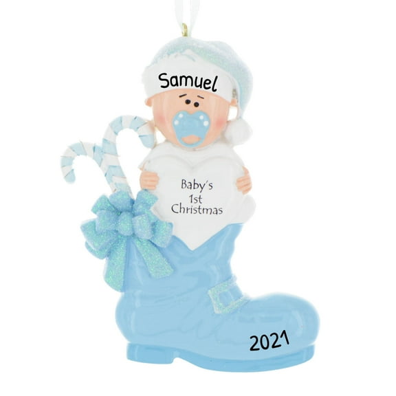 Ornaments by Elves Personalized Baby's First Christmas 2024 Ornament Baby Blue Boot Ornaments .25lbs