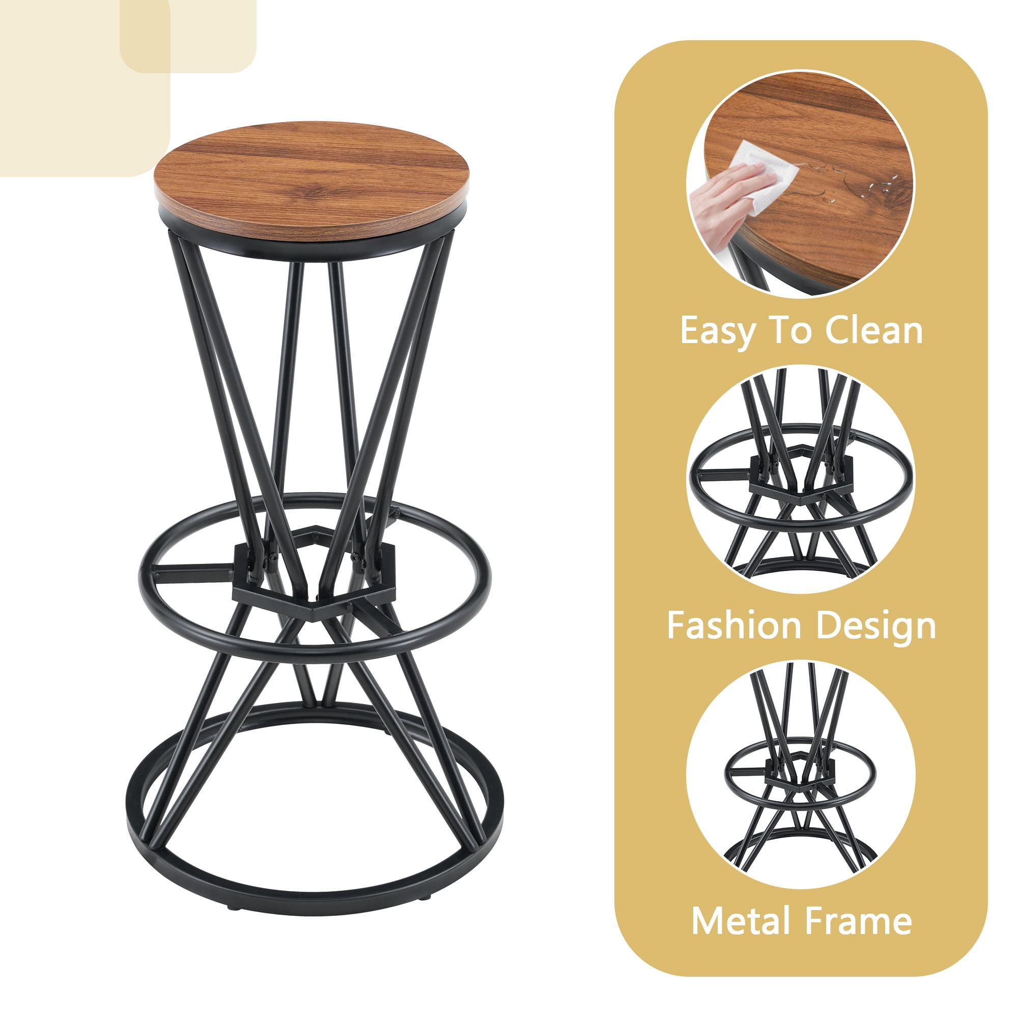 3-Piece Bar Table and Chair Set, 31.5-Inch Walnut MDF Bar Table with Black Metal Frame and 2 Bar Stools, Industrial Pub Dining Table Set for Kitchen Island Dining Space, Walnut Black