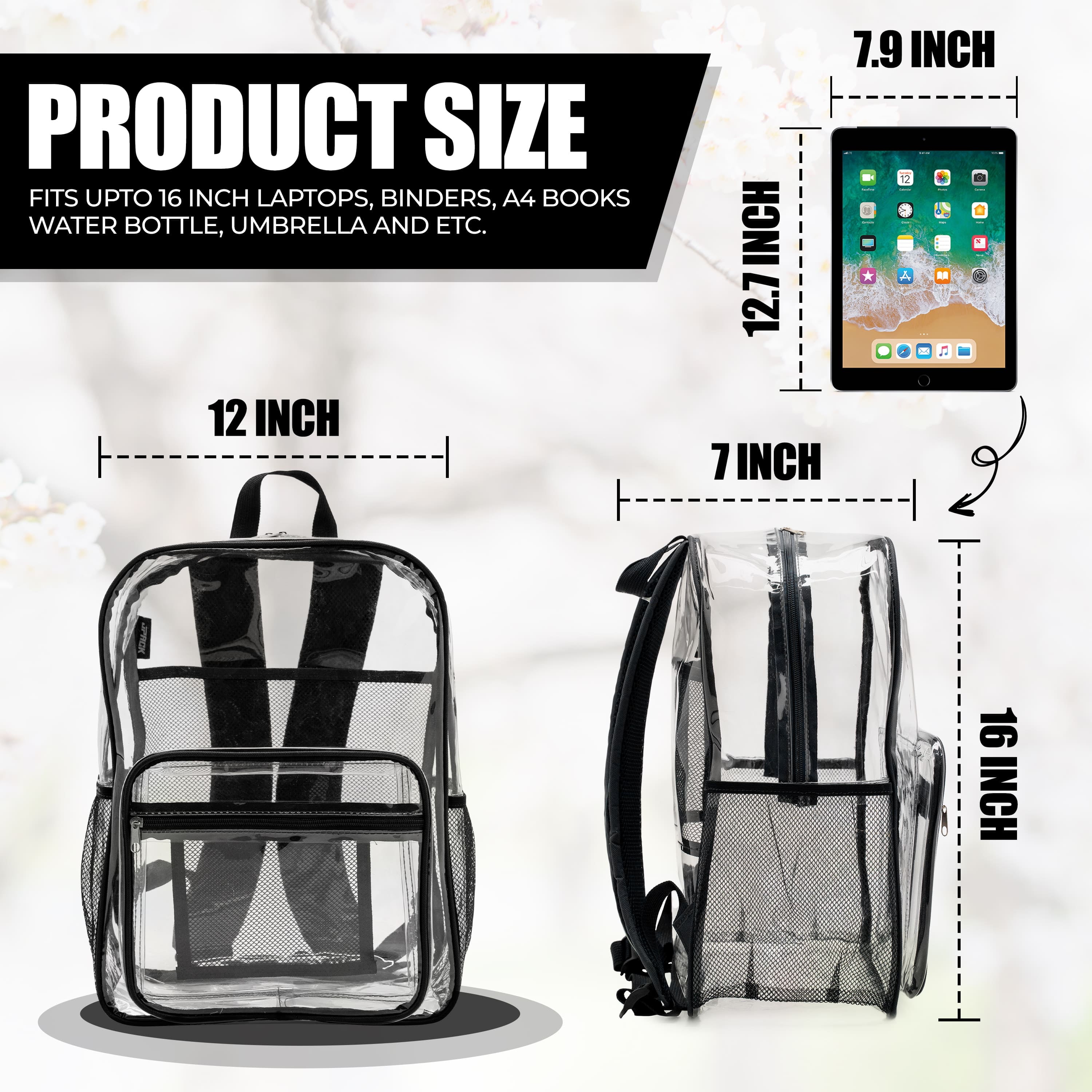 JPACK Clear Backpack – Heavy Duty Transparent Bookbag for Adults and Teens | School, Work, Travel, Stadiums (Black)