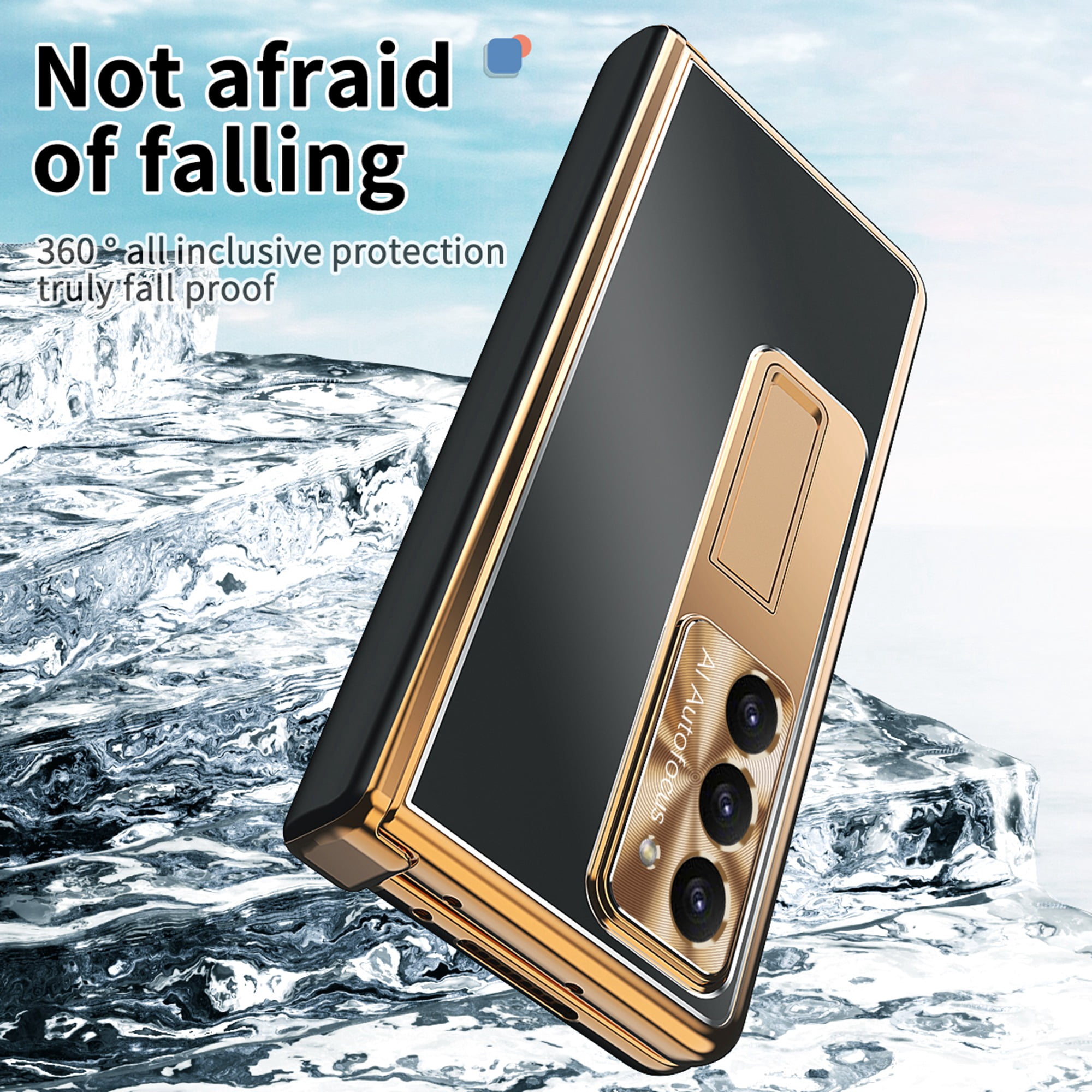 Case for Samsung Galaxy Z Fold 7, 3-in-1 Magnetic Hinge Protection & Lens Protection Case with Pen Holder with Screen Protector, Compatible with Samsung Galaxy Z Fold 7 5G, Black + Dark Gold