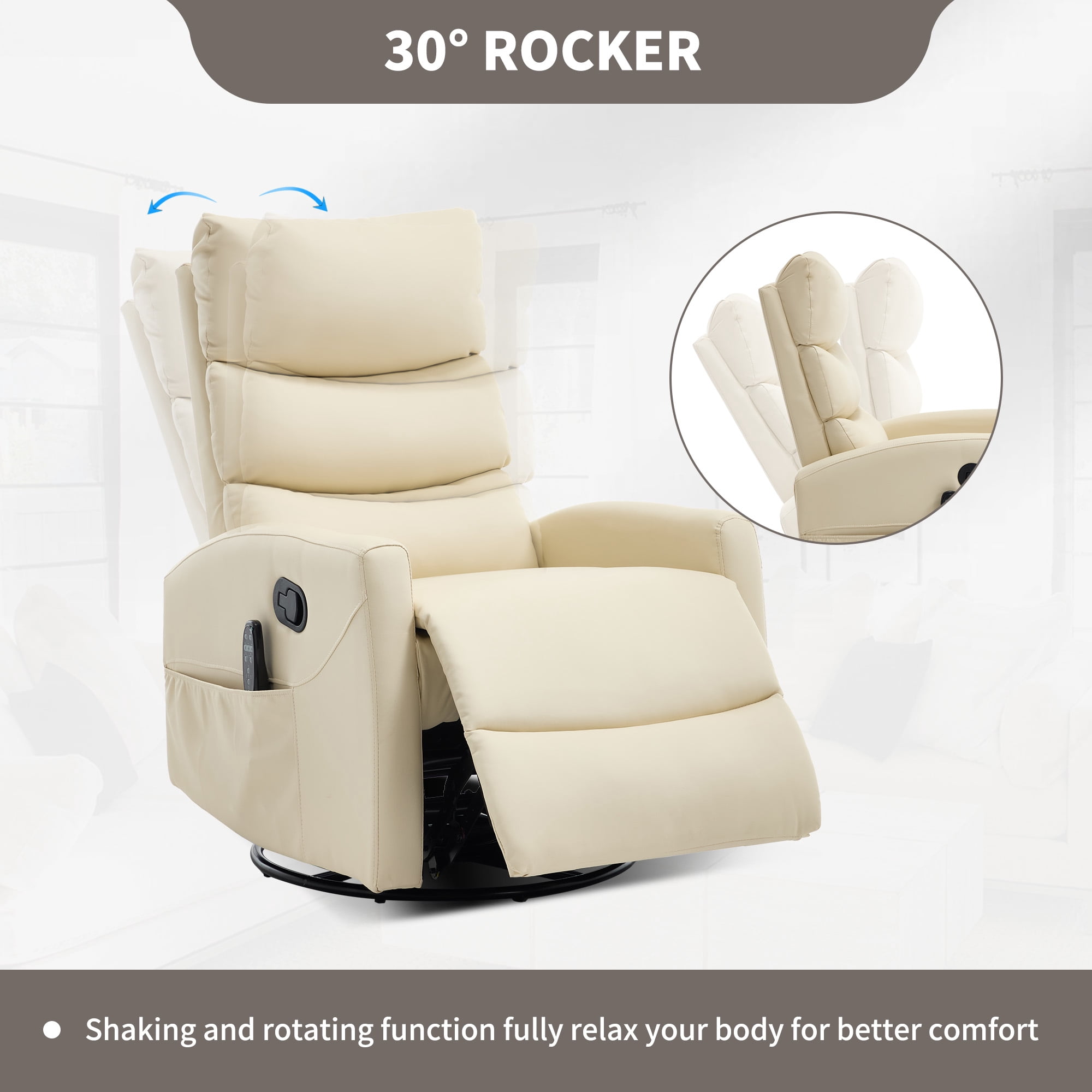 Aukfa 360° Swivel Recliner Rocking Chair with Massage and Heat for Living Room & Nursery, Leather, Beige