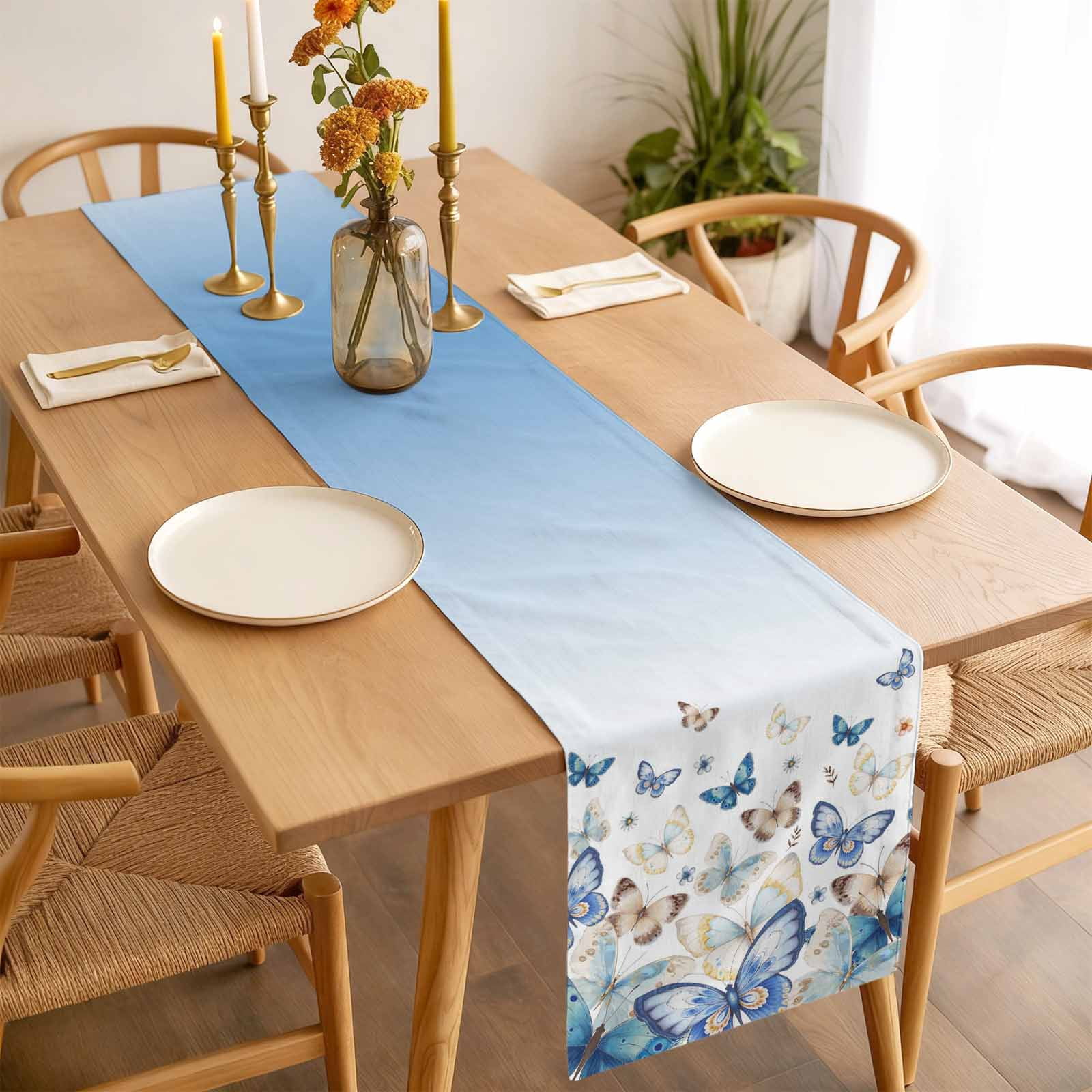 Butterfly Table Runner 13 x 90 Inch, Abstract Blue Gold Animal Blue White Gradient Washable Cotton Linen Dining Table Runner Tabletop Decorations for Restaurant Home Kitchen Party