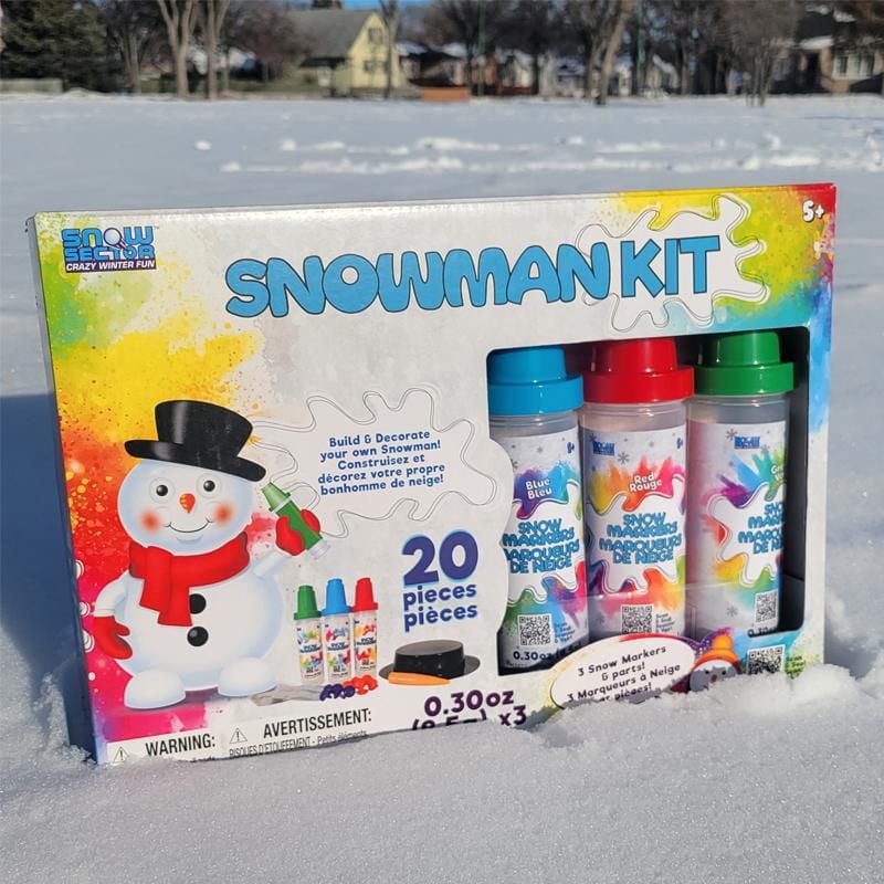 Le kit 'Faites un meilleur Bonhomme de neige' comprend toutes les pièces de l'homme de neige et 3 marqueurs à neige de couleurs différentes