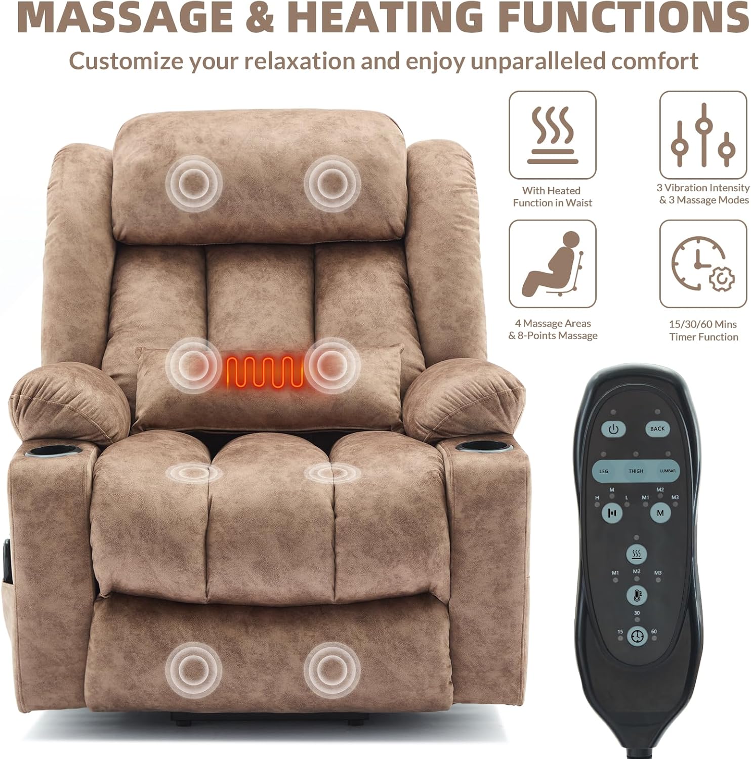 EPICOZY Oversized Dual Motor Power Lift Recliner Chair with Extended Footrest for Big Tall Man, Lay Flat Sleeper Electric Recliner with Massage and Heat, Lumbar Pillow, USB & Type-C Port, Plush Brown