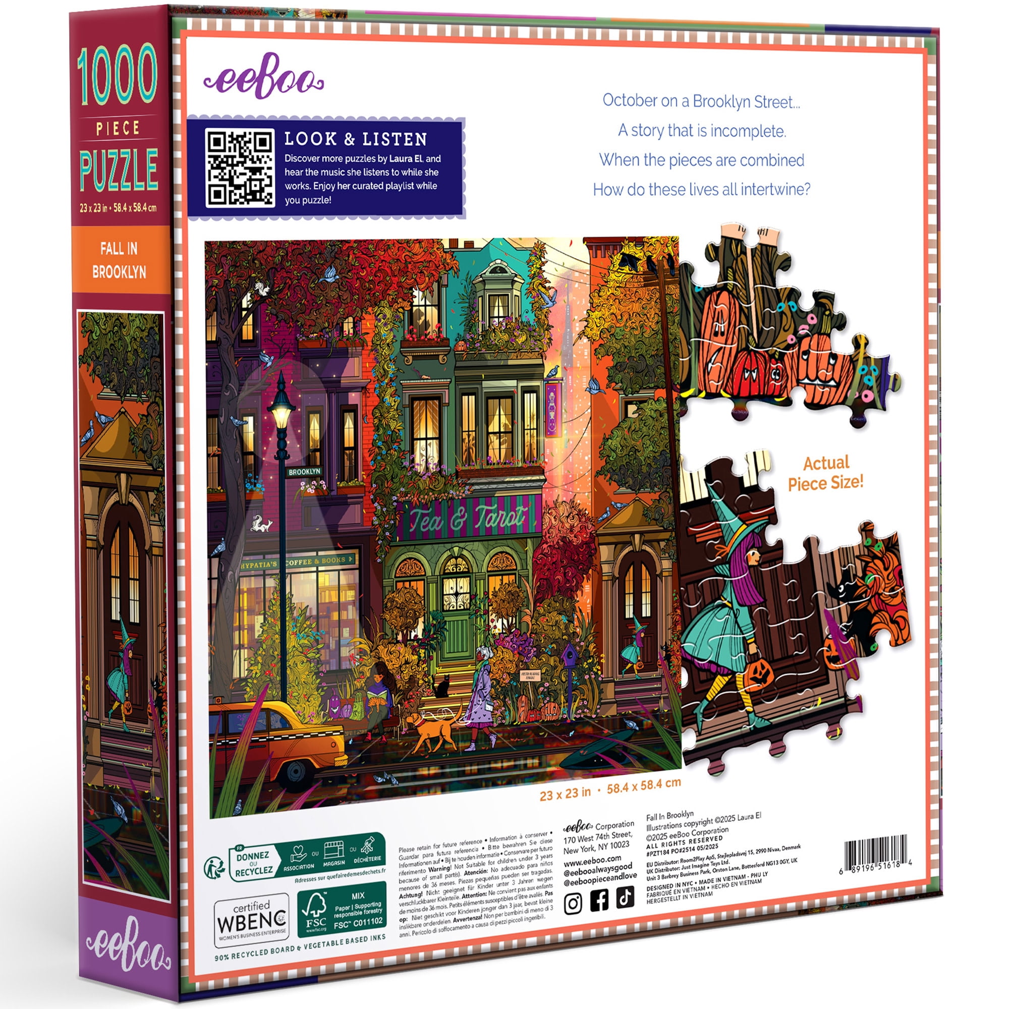 eeBoo Piece & Love: Fall In Brooklyn - 1000 Piece Puzzle - Square Adult Jigsaw, Laura El's Autumn Twilight City Street Scene, Eco-Friendly, Playlist