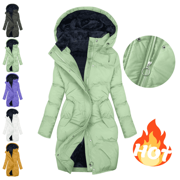 Mifsaly Plus Size Long Quilted Jackets for Women Zip up Waterproof Hooded Padded Coats Fleece Lined Thermal Puffer Jacket Button Down Thicken Warm Winter Outerwear with Pockets 2025 Fashion Parka