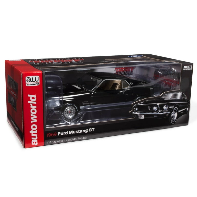 1969 Ford Mustang GT Raven Black with White Stripes and Gold