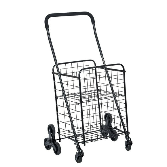 Mainstays Tri-Wheels One-Compartment Stair Climber Wire Shopping Cart, Folding Portable Grocery Stair Climbing Cart, Adjustable Foam Covered Handle