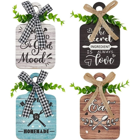 4pcs Kitchen Wall Decor Wood Sign 5.9x3.5 inch Eat Wooden Cutting Board Sign Farmhouse Tiered Tray with Hemp Rope Wall Art Rustic Wall Decor