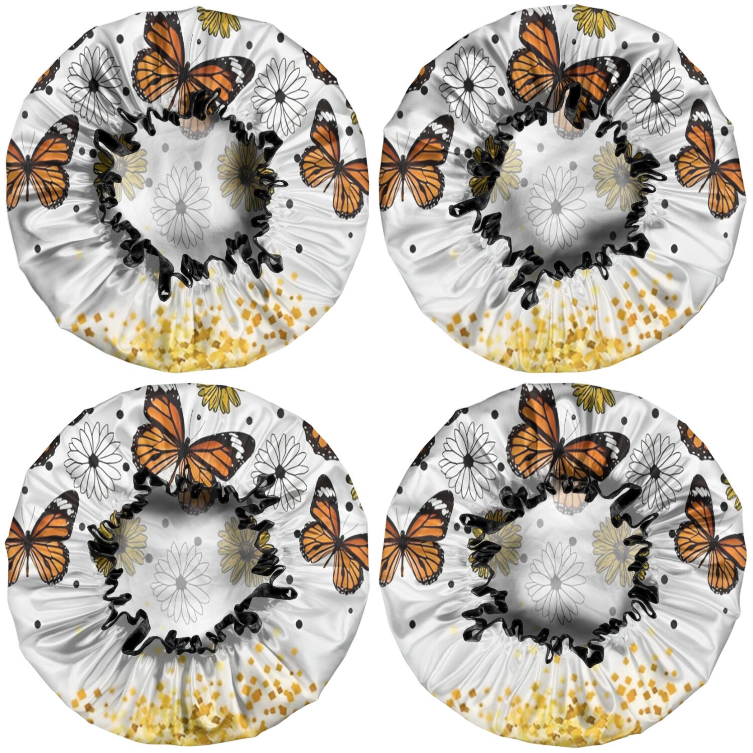 Shower Caps,White Butterfly Flower Dot Pattern Waterproof Shower Cap for Women 4 Pieces,Double Reusable Hair Cover for Shower PEVA Elastic Stretch Hem