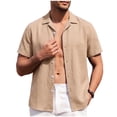 thumbnail image 3 of Men's Summer Linen Cotton Casual Short Sleeve Button Down Shirt Top, Lapel Collar Solid Color Fashionable Breathable Lightweight Outdoor Daily Wear Travel Vacation Outfit, 3 of 9